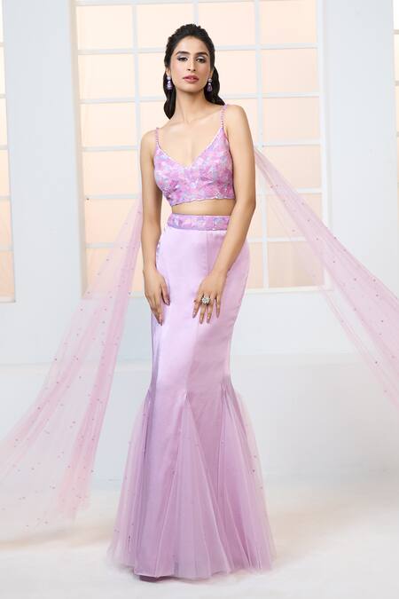 Aariyana Couture_Purple Modal, Satin, Net Draped Embroidered Bustier And Fish Cut Skirt Set_at_Aza_Fashions