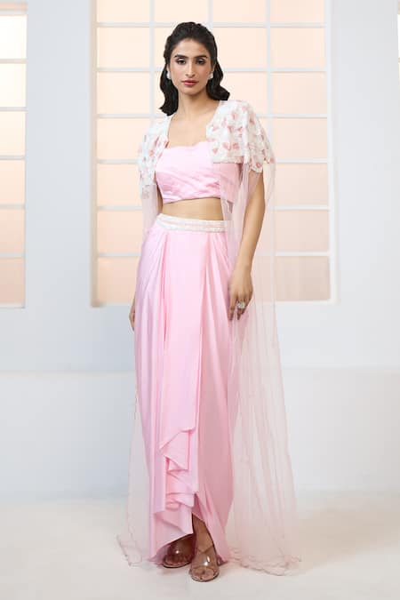 Shop Aariyana Couture Pink Modal, Satin, Net Beads, Sequins Embroidered Cape With Draped Skirt Set Online at Aza Fashions Shop_Aariyana Couture_Pink Modal, Satin, Net Beads, Sequins Embroidered Cape With Draped Skirt Set_Online_at_Aza_Fashions
