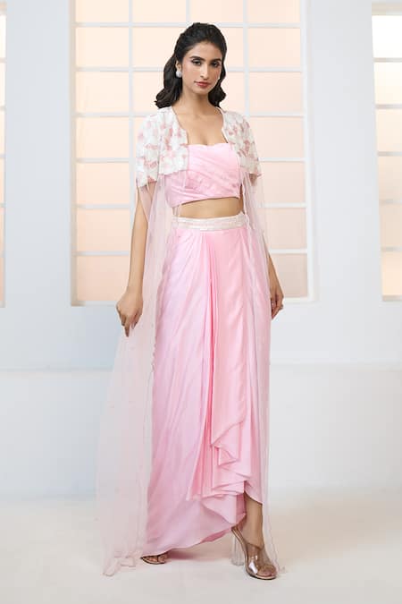 Aariyana Couture Pink Modal, Satin, Net Beads, Sequins Embroidered Cape With Draped Skirt Set at Aza Fashions Aariyana Couture_Pink Modal, Satin, Net Beads, Sequins Embroidered Cape With Draped Skirt Set_at_Aza_Fashions