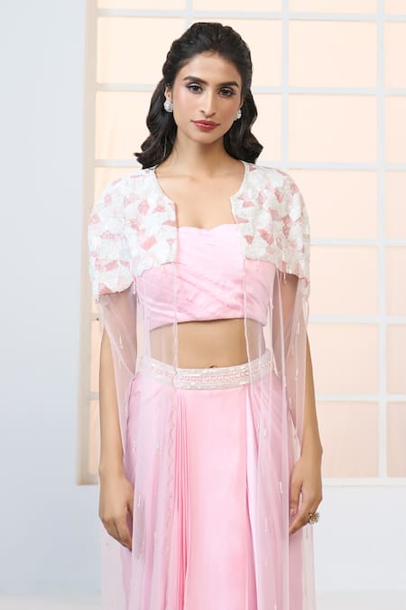 Shop Aariyana Couture Pink Modal, Satin, Net Beads, Sequins Embroidered Cape With Draped Skirt Set Shop_Aariyana Couture_Pink Modal, Satin, Net Beads, Sequins Embroidered Cape With Draped Skirt Set