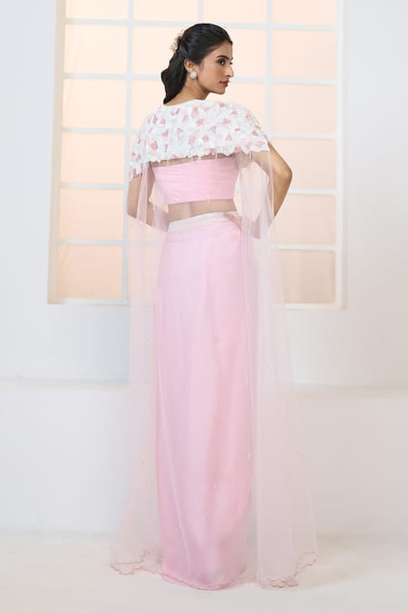 Shop Aariyana Couture Pink Modal, Satin, Net Beads, Sequins Embroidered Cape With Draped Skirt Set at Aza Fashions Shop_Aariyana Couture_Pink Modal, Satin, Net Beads, Sequins Embroidered Cape With Draped Skirt Set_at_Aza_Fashions