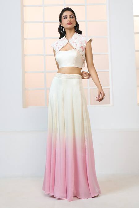 Shop Aariyana Couture Ivory Modal, Satin, Net Beads, Sequins, Cut Embroidered Cape Shaded Sharara Set Online at Aza Fashions Shop_Aariyana Couture_Ivory Modal, Satin, Net Beads, Sequins, Cut Embroidered Cape Shaded Sharara Set_Online_at_Aza_Fashions