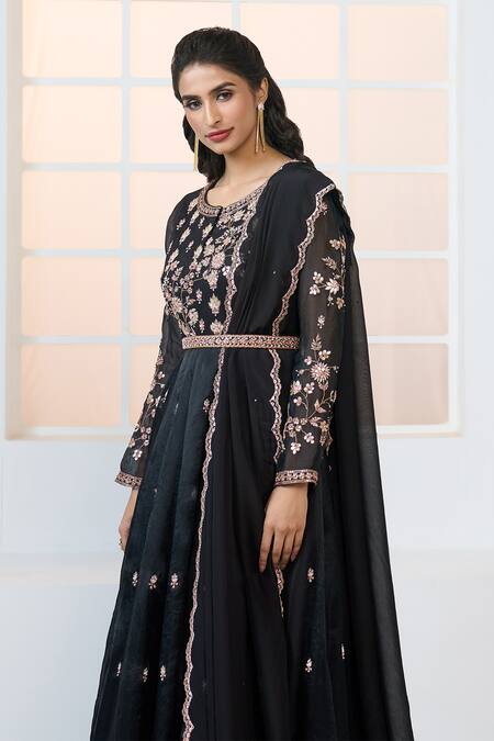 Aariyana Couture_Black Organza, Viscose Embroidery Round Neck Floral Anarkali With Dupatta_at_Aza_Fashions
