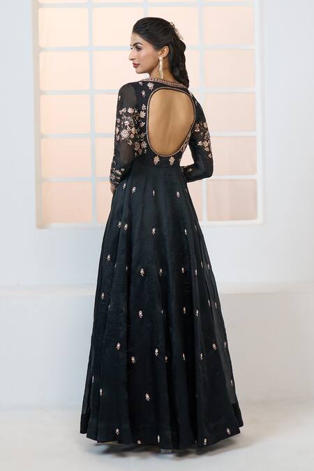 Shop_Aariyana Couture_Black Organza, Viscose Embroidery Round Neck Floral Anarkali With Dupatta