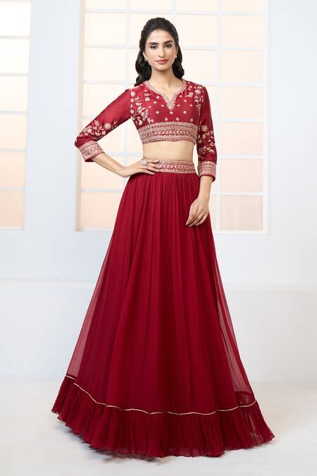 Buy Aariyana Couture Red Chanderi, Net, Chiffon Embroidery, Zari Split Blouse Frill Lehenga Set Online at Aza Fashions Buy_Aariyana Couture_Red Chanderi, Net, Chiffon Embroidery, Zari Split Blouse Frill Lehenga Set_Online_at_Aza_Fashions