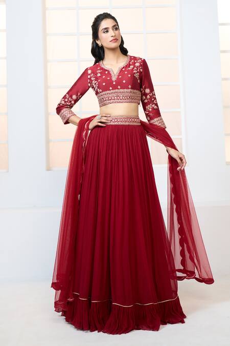Shop Aariyana Couture Red Chanderi, Net, Chiffon Embroidery, Zari Split Blouse Frill Lehenga Set Online at Aza Fashions Shop_Aariyana Couture_Red Chanderi, Net, Chiffon Embroidery, Zari Split Blouse Frill Lehenga Set_Online_at_Aza_Fashions