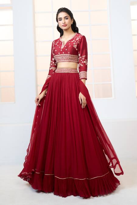 Aariyana Couture Red Chanderi, Net, Chiffon Embroidery, Zari Split Blouse Frill Lehenga Set at Aza Fashions Aariyana Couture_Red Chanderi, Net, Chiffon Embroidery, Zari Split Blouse Frill Lehenga Set_at_Aza_Fashions