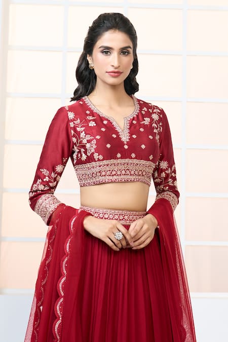 Buy Aariyana Couture Red Chanderi, Net, Chiffon Embroidery, Zari Split Blouse Frill Lehenga Set Buy_Aariyana Couture_Red Chanderi, Net, Chiffon Embroidery, Zari Split Blouse Frill Lehenga Set