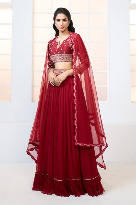 Shop Aariyana Couture Red Chanderi, Net, Chiffon Embroidery, Zari Split Blouse Frill Lehenga Set Shop_Aariyana Couture_Red Chanderi, Net, Chiffon Embroidery, Zari Split Blouse Frill Lehenga Set