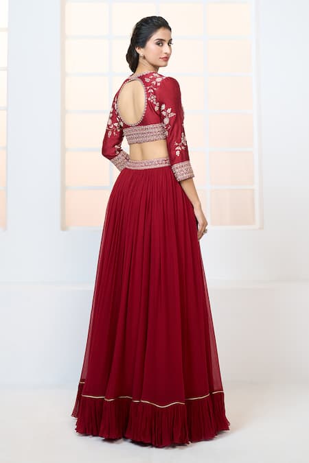 Shop Aariyana Couture Red Chanderi, Net, Chiffon Embroidery, Zari Split Blouse Frill Lehenga Set at Aza Fashions Shop_Aariyana Couture_Red Chanderi, Net, Chiffon Embroidery, Zari Split Blouse Frill Lehenga Set_at_Aza_Fashions