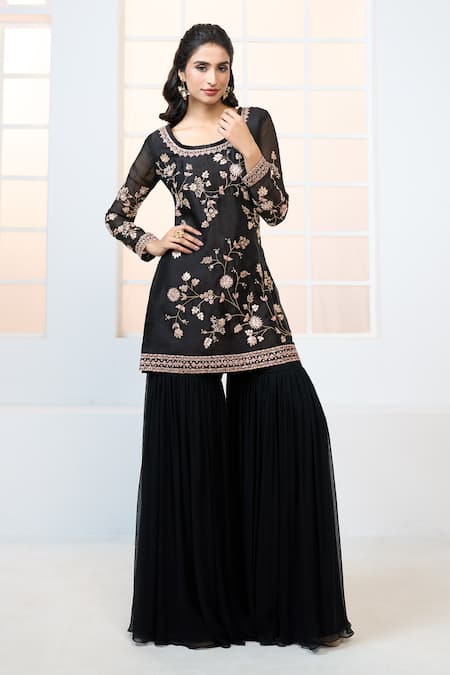Buy Aariyana Couture Black Organza, Chiffon, Viscose Embroidery Floral Kurta Gharara Set Online at Aza Fashions Buy_Aariyana Couture_Black Organza, Chiffon, Viscose Embroidery Floral Kurta Gharara Set _Online_at_Aza_Fashions