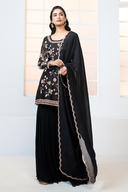 Shop Aariyana Couture Black Organza, Chiffon, Viscose Embroidery Floral Kurta Gharara Set Online at Aza Fashions Shop_Aariyana Couture_Black Organza, Chiffon, Viscose Embroidery Floral Kurta Gharara Set _Online_at_Aza_Fashions