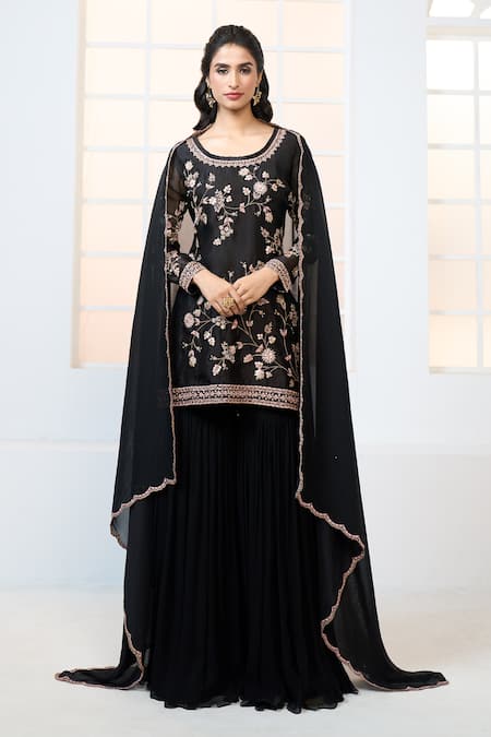 Aariyana Couture Black Organza, Chiffon, Viscose Embroidery Floral Kurta Gharara Set at Aza Fashions Aariyana Couture_Black Organza, Chiffon, Viscose Embroidery Floral Kurta Gharara Set _at_Aza_Fashions