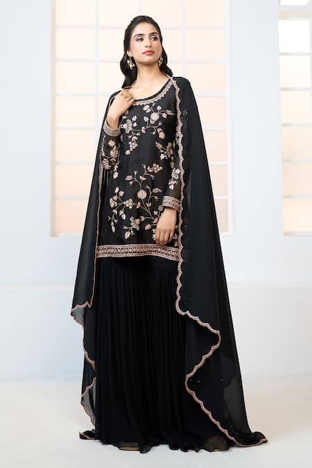 Buy Aariyana Couture Black Organza, Chiffon, Viscose Embroidery Floral Kurta Gharara Set Buy_Aariyana Couture_Black Organza, Chiffon, Viscose Embroidery Floral Kurta Gharara Set
