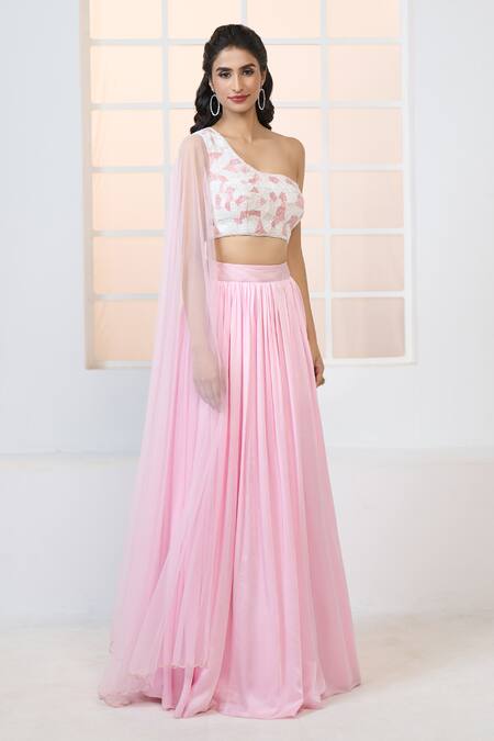 Aariyana Couture Pink Modal, Satin, Net Sequins, Attached Trail Embroidered Bustier With Lehenga Online at Aza Fashions Aariyana Couture_Pink Modal, Satin, Net Sequins, Attached Trail Embroidered Bustier With Lehenga_Online_at_Aza_Fashions