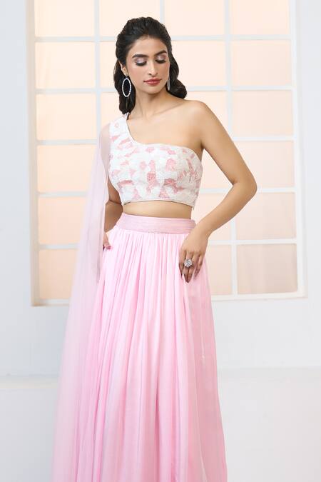 Buy Aariyana Couture Pink Modal, Satin, Net Sequins, Attached Trail Embroidered Bustier With Lehenga Buy_Aariyana Couture_Pink Modal, Satin, Net Sequins, Attached Trail Embroidered Bustier With Lehenga