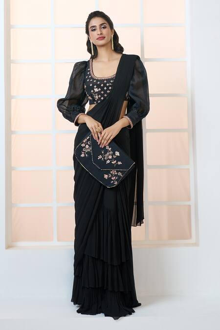 Shop Aariyana Couture Black Viscose, Georgette, Organza, Silk Pre-draped Tiered Saree With Blouse Online at Aza Fashions Shop_Aariyana Couture_Black Viscose, Georgette, Organza, Silk Pre-draped Tiered Saree With Blouse_Online_at_Aza_Fashions