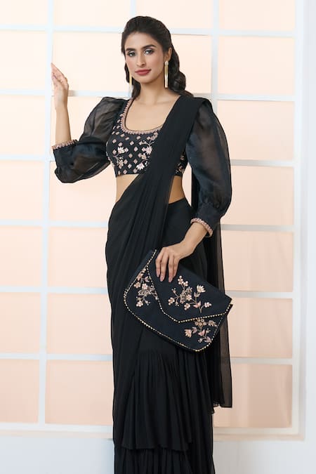 Buy Black Blouse Tussar Silk Border Pre-draped Saree With Bralette For  Women by Gopi Vaid Online at Aza Fashions.