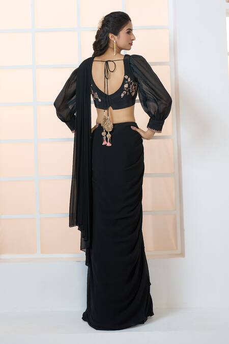Shop Aariyana Couture Black Viscose, Georgette, Organza, Silk Pre-draped Tiered Saree With Blouse at Aza Fashions Shop_Aariyana Couture_Black Viscose, Georgette, Organza, Silk Pre-draped Tiered Saree With Blouse_at_Aza_Fashions