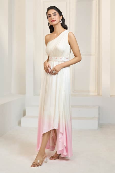 Aariyana Couture_Ivory Modal, Satin, Net Sequins, Beads, Cut Work One Ombre Tunic With Belt _at_Aza_Fashions