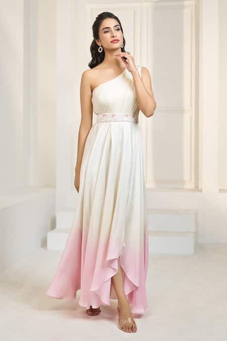 Buy_Aariyana Couture_Ivory Modal, Satin, Net Sequins, Beads, Cut Work One Ombre Tunic With Belt 