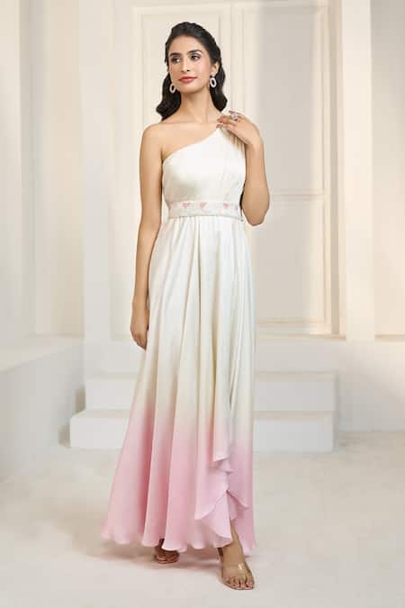 Shop_Aariyana Couture_Ivory Modal, Satin, Net Sequins, Beads, Cut Work One Ombre Tunic With Belt 