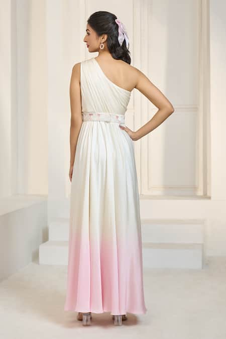 Aariyana Couture_Ivory Modal, Satin, Net Sequins, Beads, Cut Work One Ombre Tunic With Belt _Online_at_Aza_Fashions