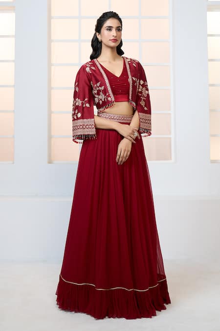 Aariyana Couture Red Chiffon, Chanderi, Satin, Lycra Gathered Lehenga Set With Jacket at Aza Fashions Aariyana Couture_Red Chiffon, Chanderi, Satin, Lycra Gathered Lehenga Set With Jacket _at_Aza_Fashions