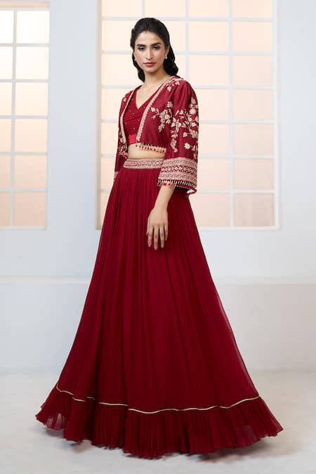 Buy Aariyana Couture Red Chiffon, Chanderi, Satin, Lycra Gathered Lehenga Set With Jacket Buy_Aariyana Couture_Red Chiffon, Chanderi, Satin, Lycra Gathered Lehenga Set With Jacket