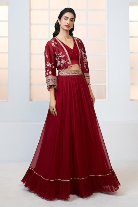 Shop Aariyana Couture Red Chiffon, Chanderi, Satin, Lycra Gathered Lehenga Set With Jacket Shop_Aariyana Couture_Red Chiffon, Chanderi, Satin, Lycra Gathered Lehenga Set With Jacket