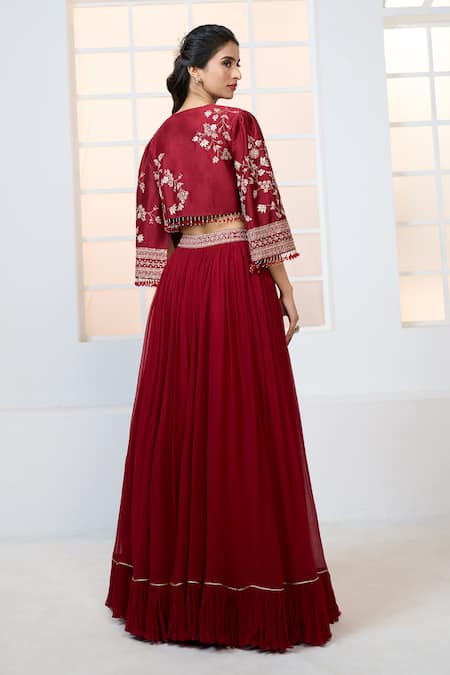 Aariyana Couture Red Chiffon, Chanderi, Satin, Lycra Gathered Lehenga Set With Jacket Online at Aza Fashions Aariyana Couture_Red Chiffon, Chanderi, Satin, Lycra Gathered Lehenga Set With Jacket _Online_at_Aza_Fashions
