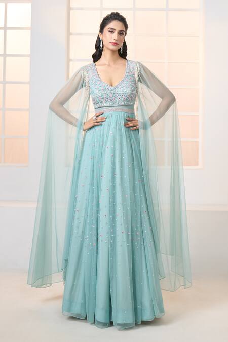 Aariyana Couture Blue Net Embroidery Plunge Neck Cascading Sleeve Hand Gown Online at Aza Fashions Aariyana Couture_Blue Net Embroidery Plunge Neck Cascading Sleeve Hand Gown_Online_at_Aza_Fashions
