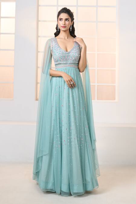 Buy Aariyana Couture Blue Net Embroidery Plunge Neck Cascading Sleeve Hand Gown Online at Aza Fashions Buy_Aariyana Couture_Blue Net Embroidery Plunge Neck Cascading Sleeve Hand Gown_Online_at_Aza_Fashions
