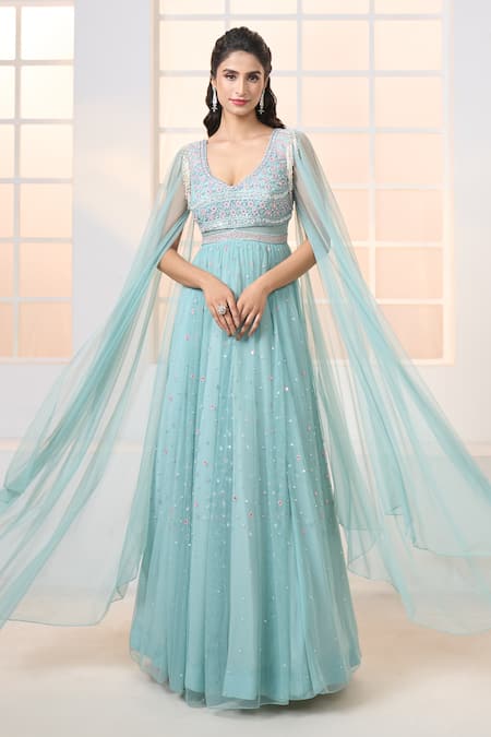 Shop Aariyana Couture Blue Net Embroidery Plunge Neck Cascading Sleeve Hand Gown Online at Aza Fashions Shop_Aariyana Couture_Blue Net Embroidery Plunge Neck Cascading Sleeve Hand Gown_Online_at_Aza_Fashions