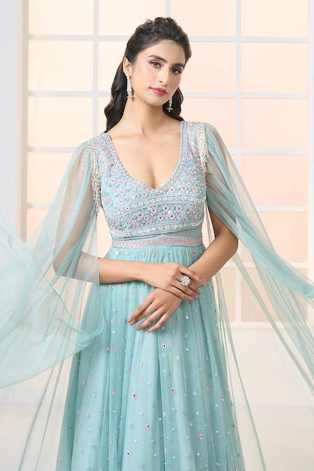 Aariyana Couture Blue Net Embroidery Plunge Neck Cascading Sleeve Hand Gown at Aza Fashions Aariyana Couture_Blue Net Embroidery Plunge Neck Cascading Sleeve Hand Gown_at_Aza_Fashions