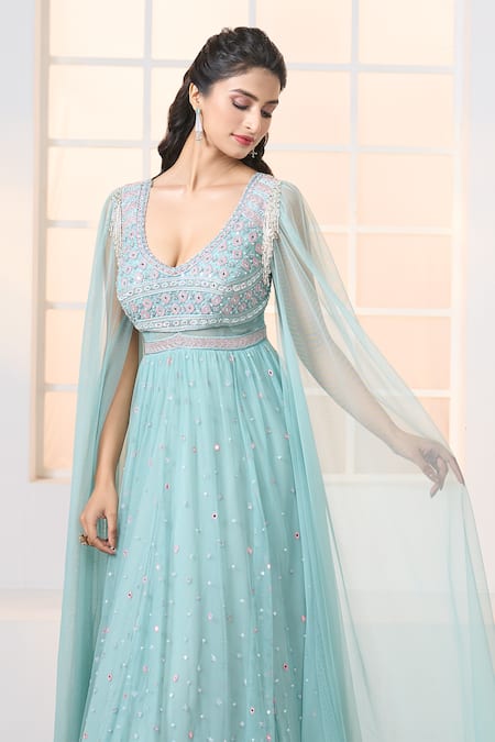 Buy Aariyana Couture Blue Net Embroidery Plunge Neck Cascading Sleeve Hand Gown Buy_Aariyana Couture_Blue Net Embroidery Plunge Neck Cascading Sleeve Hand Gown
