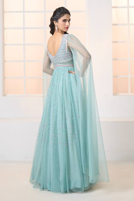 Shop Aariyana Couture Blue Net Embroidery Plunge Neck Cascading Sleeve Hand Gown at Aza Fashions Shop_Aariyana Couture_Blue Net Embroidery Plunge Neck Cascading Sleeve Hand Gown_at_Aza_Fashions