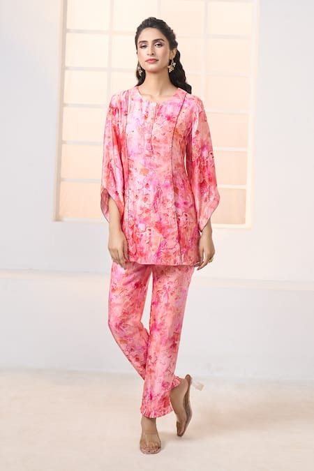Buy_Aariyana Couture_Pink Modal, Satin Embroidery Round Cherry Blossom Print Kurta And Pant Co-ord Set _Online_at_Aza_Fashions