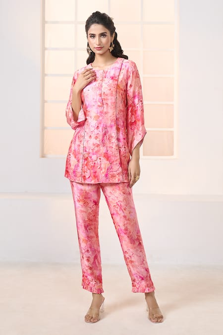 Shop_Aariyana Couture_Pink Modal, Satin Embroidery Round Cherry Blossom Print Kurta And Pant Co-ord Set _Online_at_Aza_Fashions