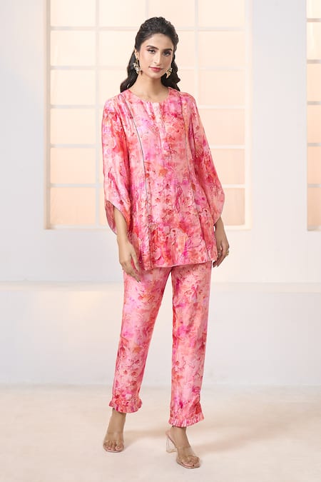 Aariyana Couture_Pink Modal, Satin Embroidery Round Cherry Blossom Print Kurta And Pant Co-ord Set _at_Aza_Fashions