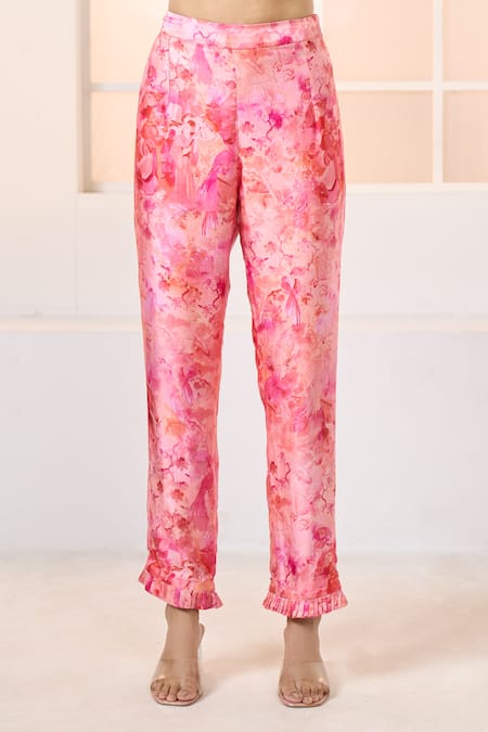 Buy_Aariyana Couture_Pink Modal, Satin Embroidery Round Cherry Blossom Print Kurta And Pant Co-ord Set 