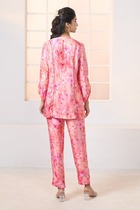 Aariyana Couture_Pink Modal, Satin Embroidery Round Cherry Blossom Print Kurta And Pant Co-ord Set _Online_at_Aza_Fashions