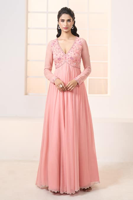 Aariyana Couture Peach Viscose, Georgette, Net Embroidery, Lace Plunge Neck Floral Anarkali Set Online at Aza Fashions Aariyana Couture_Peach Viscose, Georgette, Net Embroidery, Lace Plunge Neck Floral Anarkali Set_Online_at_Aza_Fashions