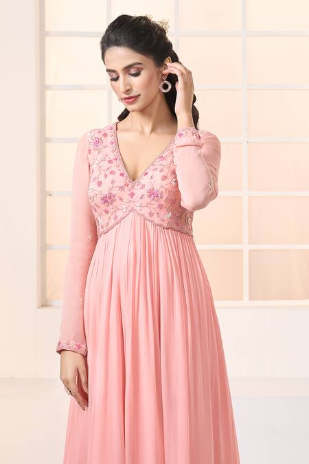 Buy Aariyana Couture Peach Viscose, Georgette, Net Embroidery, Lace Plunge Neck Floral Anarkali Set Online at Aza Fashions Buy_Aariyana Couture_Peach Viscose, Georgette, Net Embroidery, Lace Plunge Neck Floral Anarkali Set_Online_at_Aza_Fashions