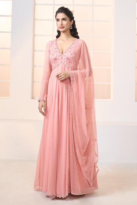 Shop Aariyana Couture Peach Viscose, Georgette, Net Embroidery, Lace Plunge Neck Floral Anarkali Set Online at Aza Fashions Shop_Aariyana Couture_Peach Viscose, Georgette, Net Embroidery, Lace Plunge Neck Floral Anarkali Set_Online_at_Aza_Fashions