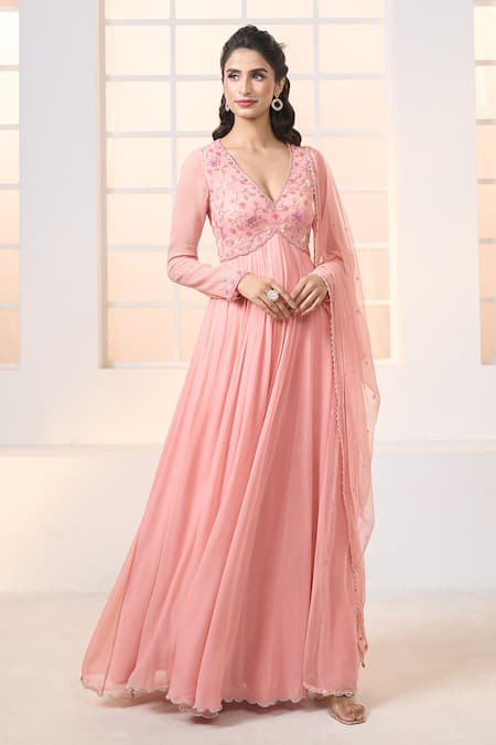 Aariyana Couture Peach Viscose, Georgette, Net Embroidery, Lace Plunge Neck Floral Anarkali Set at Aza Fashions Aariyana Couture_Peach Viscose, Georgette, Net Embroidery, Lace Plunge Neck Floral Anarkali Set_at_Aza_Fashions