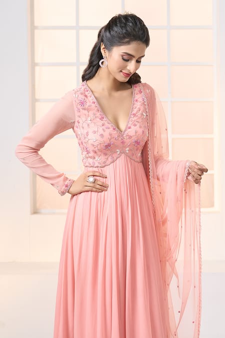 Buy Aariyana Couture Peach Viscose, Georgette, Net Embroidery, Lace Plunge Neck Floral Anarkali Set Buy_Aariyana Couture_Peach Viscose, Georgette, Net Embroidery, Lace Plunge Neck Floral Anarkali Set