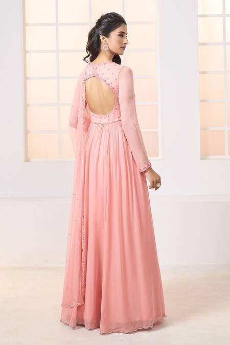 Shop Aariyana Couture Peach Viscose, Georgette, Net Embroidery, Lace Plunge Neck Floral Anarkali Set Shop_Aariyana Couture_Peach Viscose, Georgette, Net Embroidery, Lace Plunge Neck Floral Anarkali Set