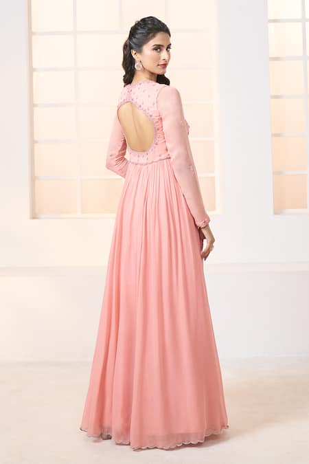 Shop Aariyana Couture Peach Viscose, Georgette, Net Embroidery, Lace Plunge Neck Floral Anarkali Set at Aza Fashions Shop_Aariyana Couture_Peach Viscose, Georgette, Net Embroidery, Lace Plunge Neck Floral Anarkali Set_at_Aza_Fashions