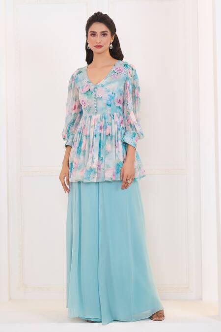 Aariyana Couture Blue Viscose, Georgette Embroidery V-neck Lily Print Peplum Top And Palazzo Set Online at Aza Fashions Aariyana Couture_Blue Viscose, Georgette Embroidery V-neck Lily Print Peplum Top And Palazzo Set_Online_at_Aza_Fashions